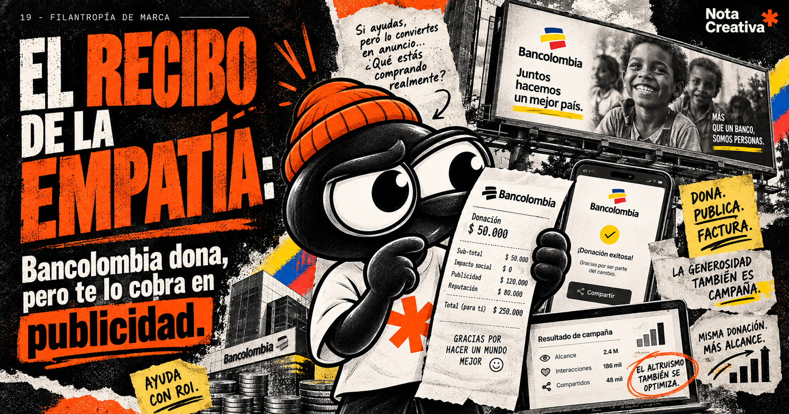 El recibo de la empatía: Bancolombia dona, pero te lo cobra en publicidad.